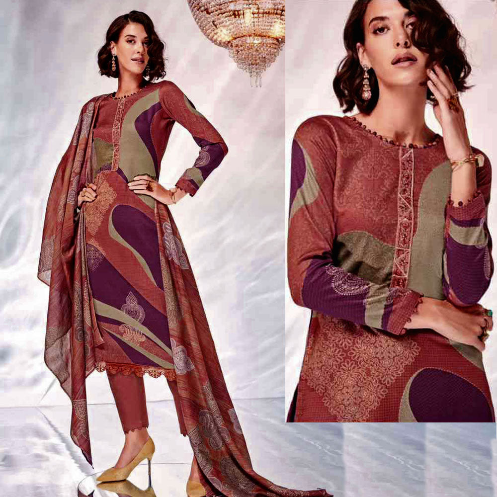 TERRACOTTA RED ABSTRACT STYLE PRINTED SATIN COTTON UNSTITCHED SALWAR KAMEEZ SUIT w FANCY EMBROIDERED LACE DRESS MATERIAL LADIES DEN