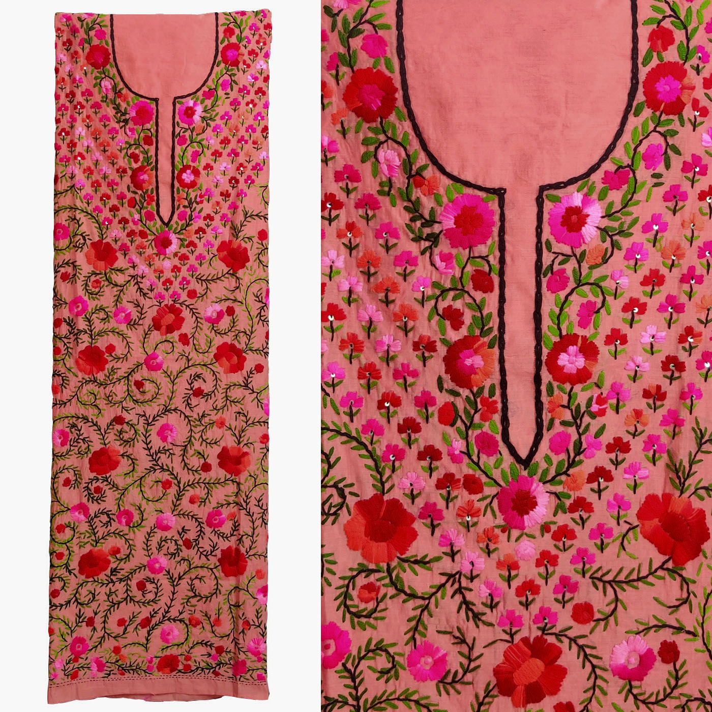 LIGHT CARROT RED CHANDERI SILK CUSTOM STITCHED HAND EMBROIDERED KURTI KURTA OR SALWAR KAMEEZ UP TO READY SIZE 54 (stitching included) LADIES DEN