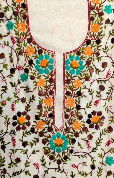 OFF WHITE-PEACOCK GREEN SELF PRINTED COTTON CUSTOM STITCHED HAND EMBROIDERED KURTI KURTA OR SALWAR KAMEEZ UP TO READY SIZE 52 (stitching included) LADIES DEN