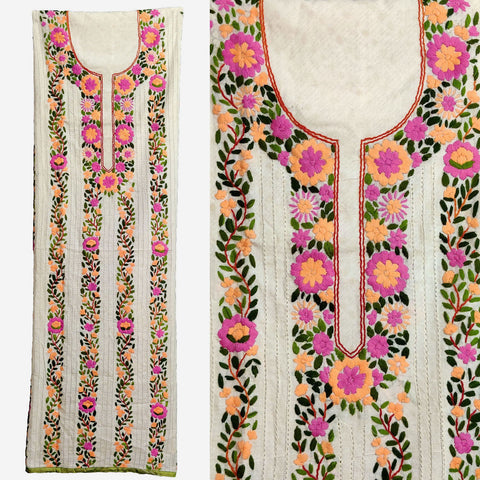 OFF WHITE-ORCHID PINK SELF PRINTED COTTON CUSTOM STITCHED HAND EMBROIDERED KURTI KURTA OR SALWAR KAMEEZ UP TO READY SIZE 52 (stitching included) LADIES DEN